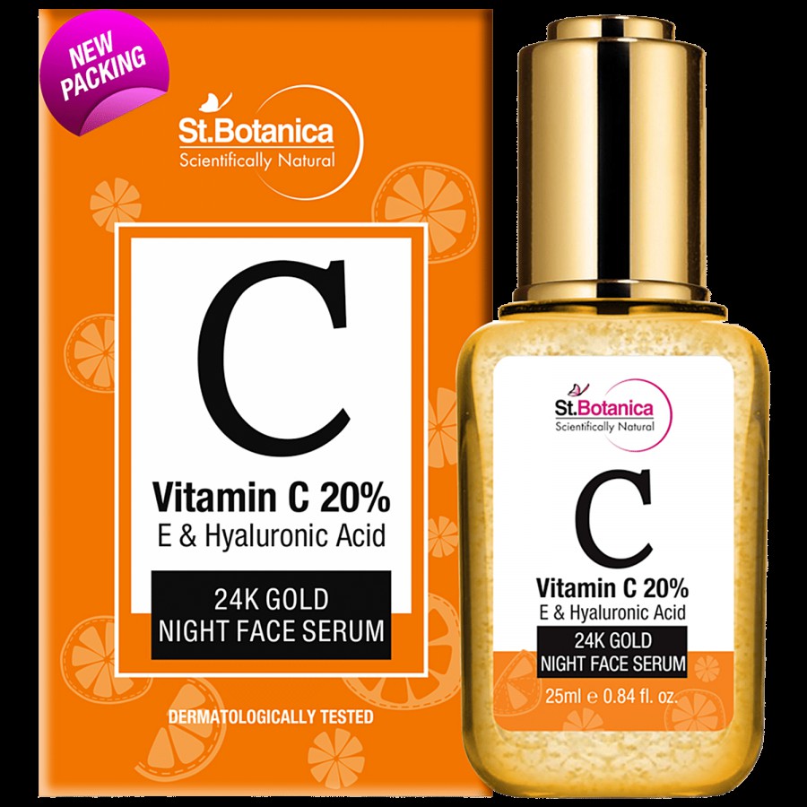 StBotanica 24k Gold Night Face Serum - Vitamin C 20% E & Hyaluronic Acid