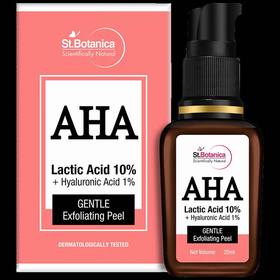 StBotanica AHA Lactic Acid 10% Face Serum + Hyaluronic Acid 1% - Gentle Exfoliating Skin Peel