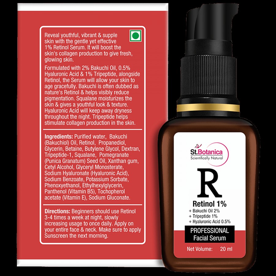 StBotanica Retinol 1% Face Serum + Bakuchi Oil 2% + Tripeptide 1% + Hyaluronic Acid 0.5% - For Wrinkles & Fine Lines