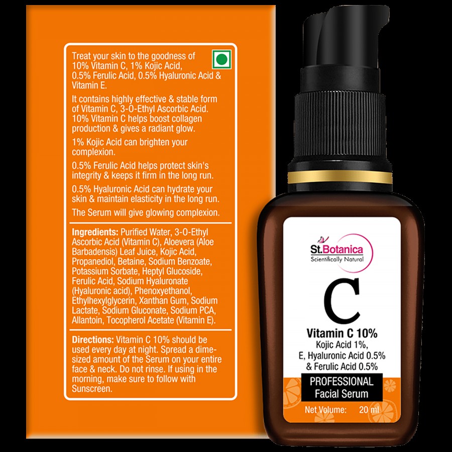 StBotanica Vitamin C 10% Face Serum - With Vitamin E & Hyaluronic Acid 0.5% + Kojic Acid 1% + Ferulic Acid 0.5%