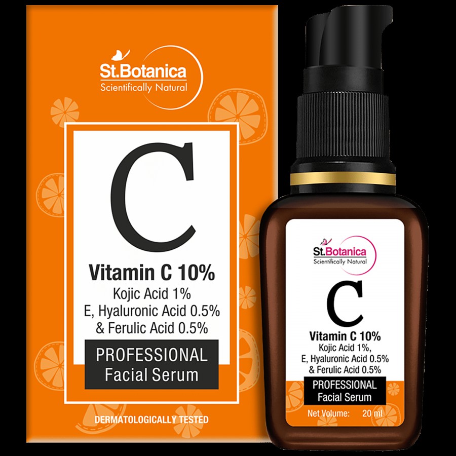 StBotanica Vitamin C 10% Face Serum - With Vitamin E & Hyaluronic Acid 0.5% + Kojic Acid 1% + Ferulic Acid 0.5%