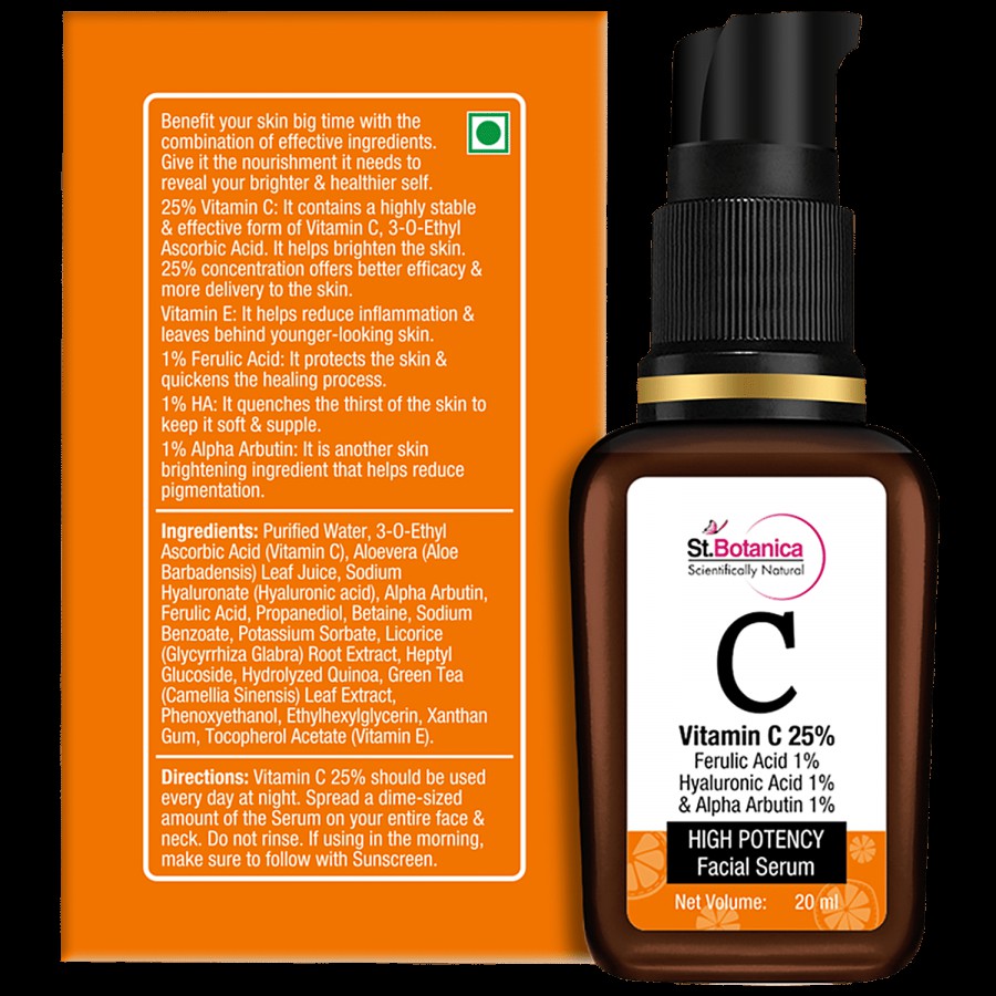 StBotanica Vitamin C 25% Face Serum + Ferulic Acid 1% + Hyaluronic Acid 1% + Alpha Arbutin 1% - High Potency