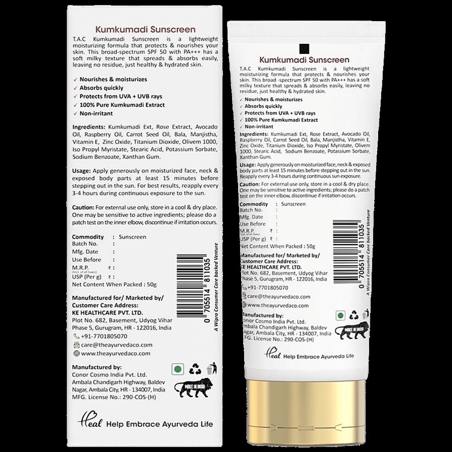 TAC - The Ayurveda Co. Kumkumadi Sunscreen With SPF 50 UVA/UVB PA+++