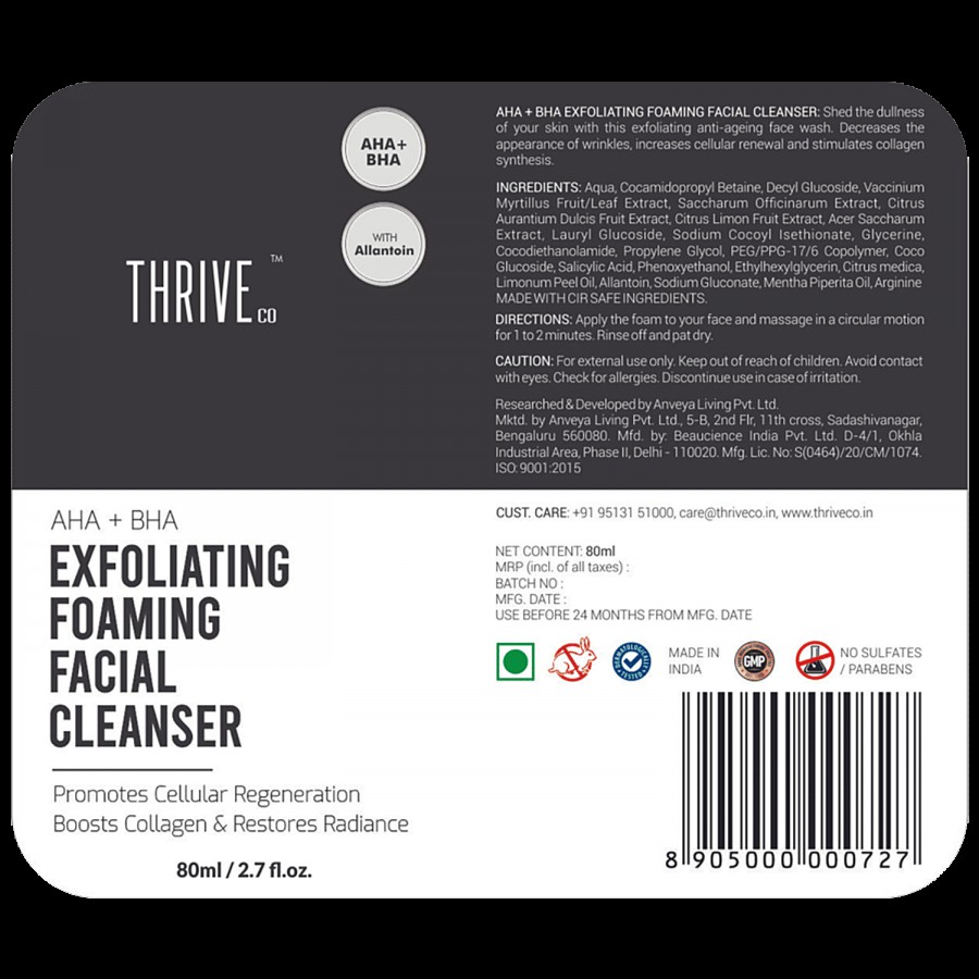 ThriveCo Exfoliating Foaming Face Cleanser With AHA+BHA - Boosts Collagen