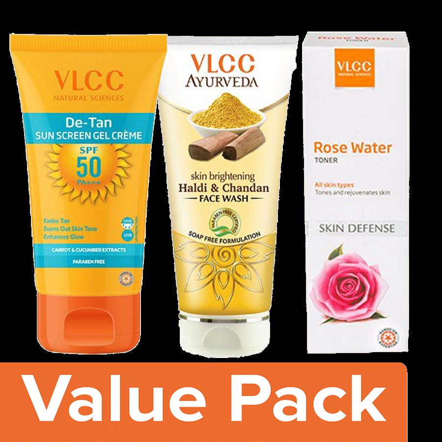 VLCC Haldi & Chandan FaceWash 100ml+DeTan SPF 50 SunScreen 100g+Rosewater Toner 100ml