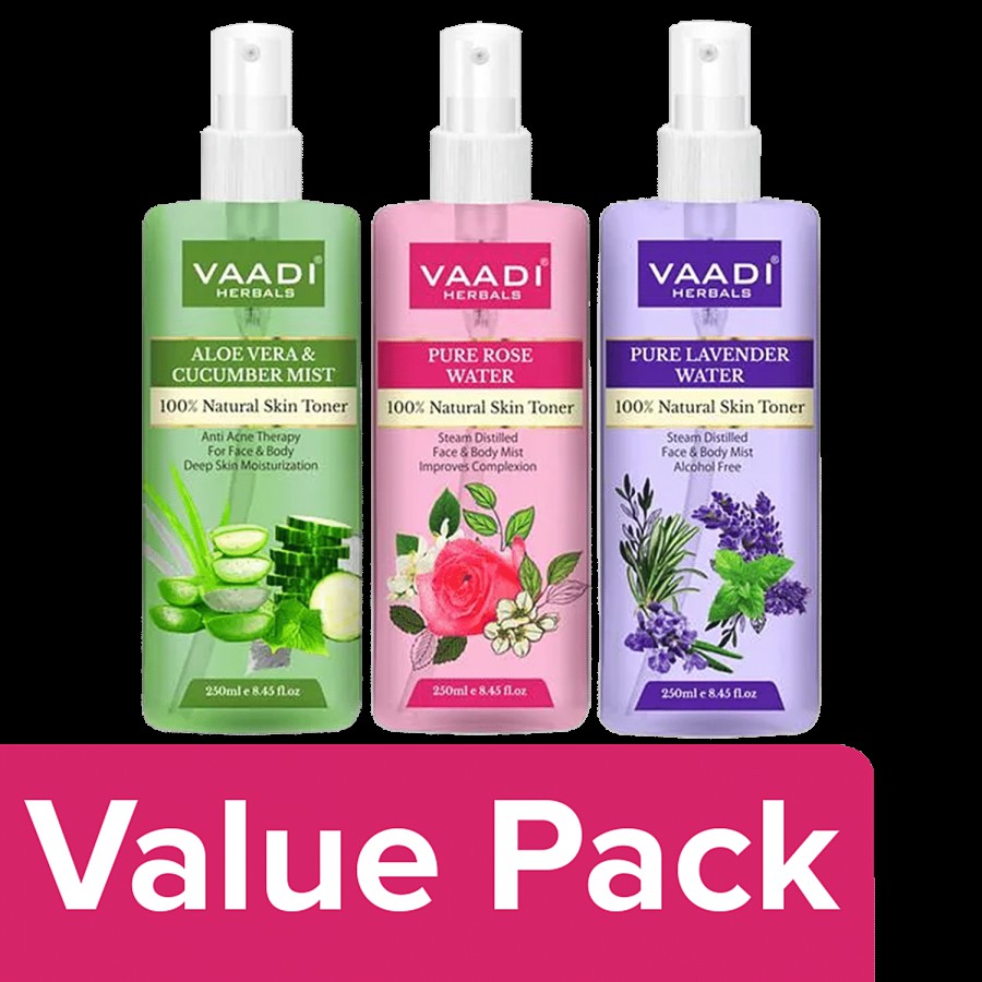 Vaadi 100% Natural & Pure- Rose Water+Aloe Vera & Cucumber Mist+Lavender Water(250 ml)