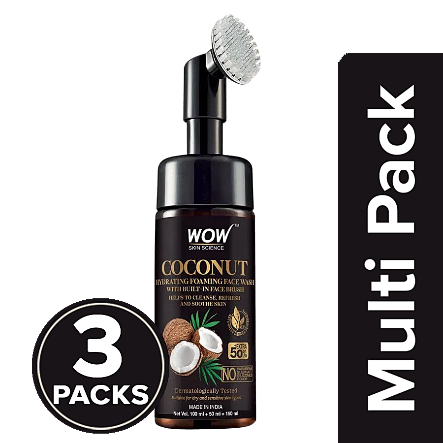 Wow Skin Science Coconut Hydrating Foaming Face Wash - With Built-In Face Brush