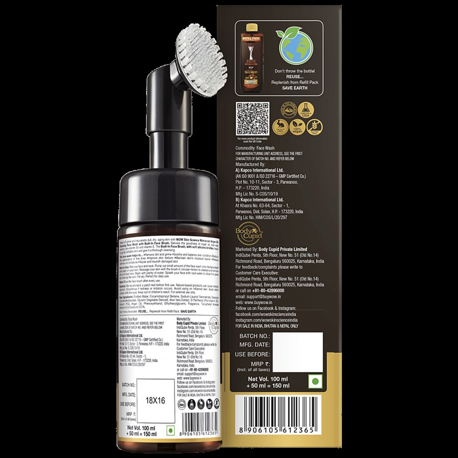 Wow Skin Science Moroccan Argan Oil Foaming Face Wash - With Built-in Brush For Deep Cleansing