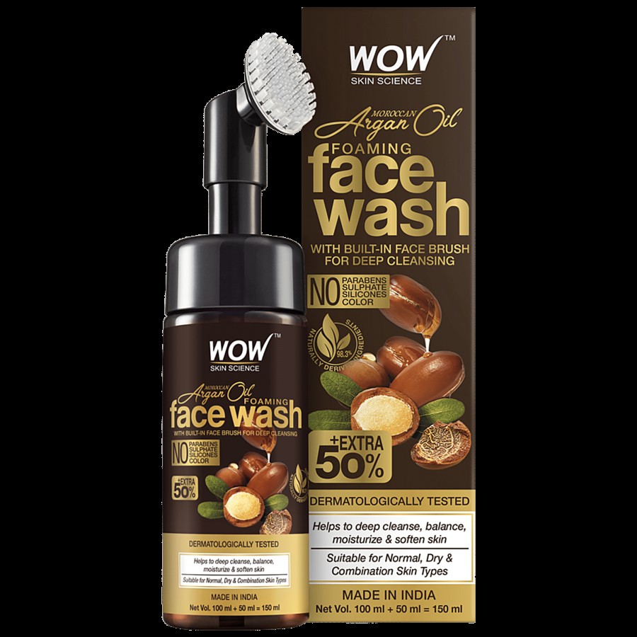 Wow Skin Science Moroccan Argan Oil Foaming Face Wash - With Built-in Brush For Deep Cleansing