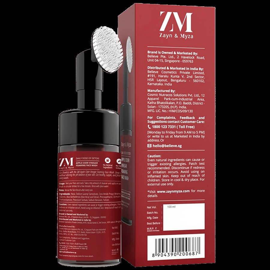 ZM Zayn & Myza Apple Cider Vinegar Foaming Facewash - With Built-in Exfoliating Brush