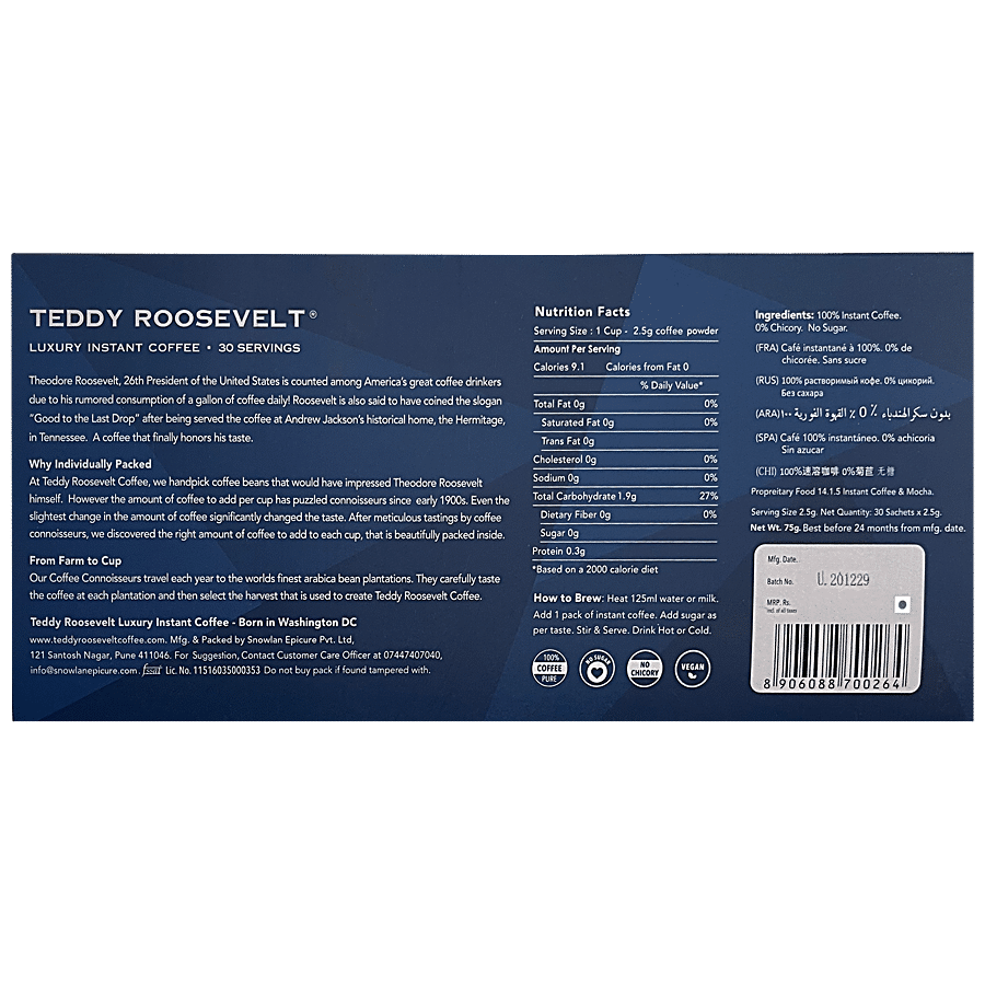 Teddy Roosevelt Luxury Instant Coffee - Intense Aroma & Taste