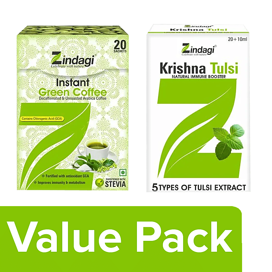 Zindagi Instant Green Coffee With Lemon 20 Sachets + Krishna Tulsi Drops 20ml(10ml Free)