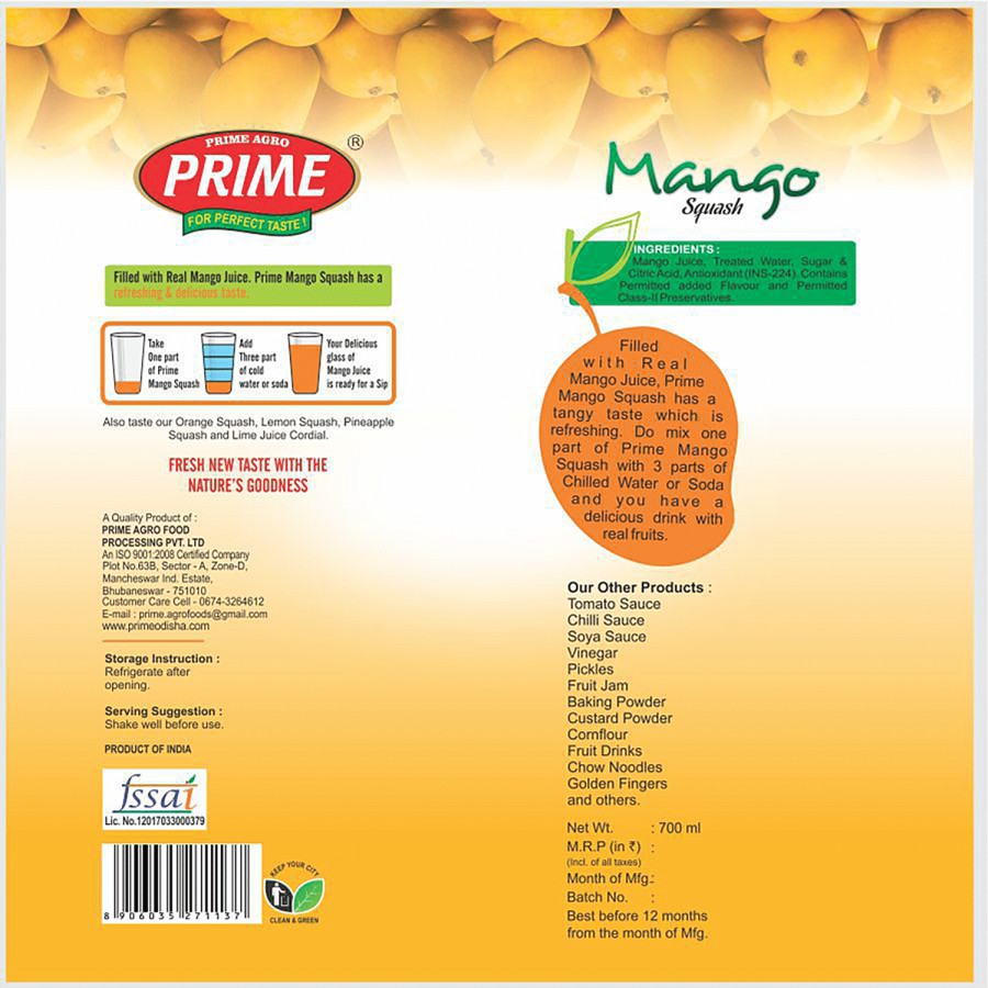 PRIME Mango Squash - Tangy Flavour