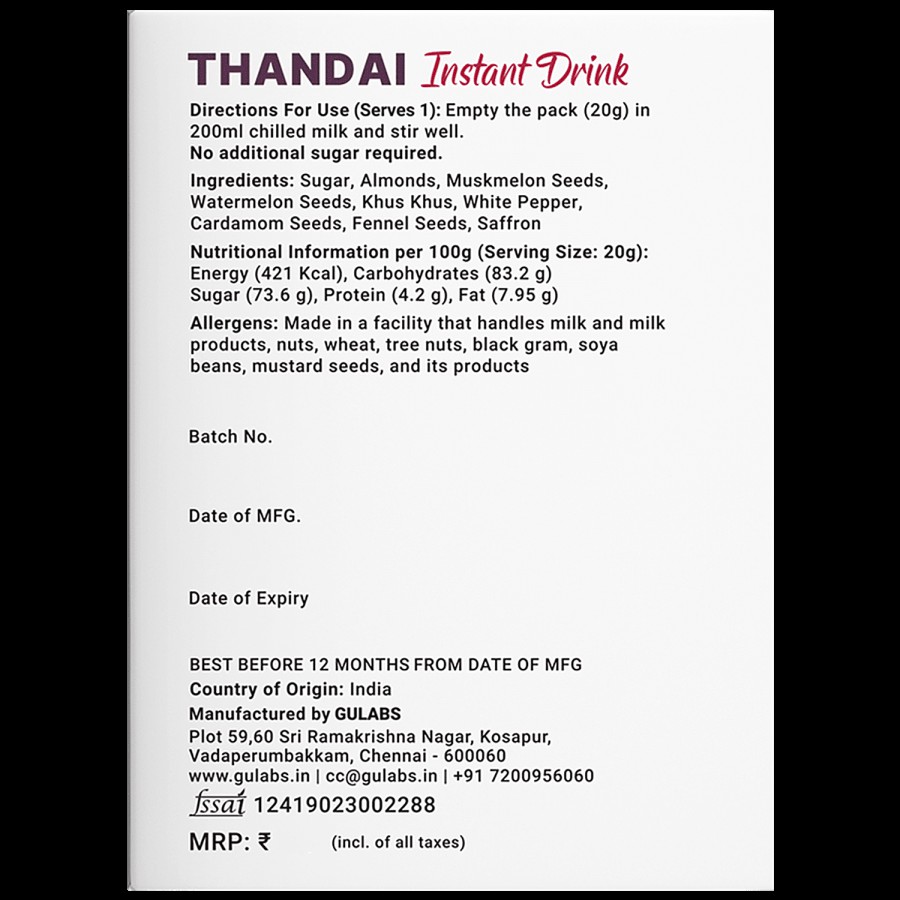 Gulabs Natural Thandai Powder