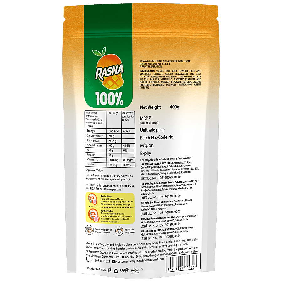 Rasna 100% Alphonso Mango Drink Mix - Preservative Free