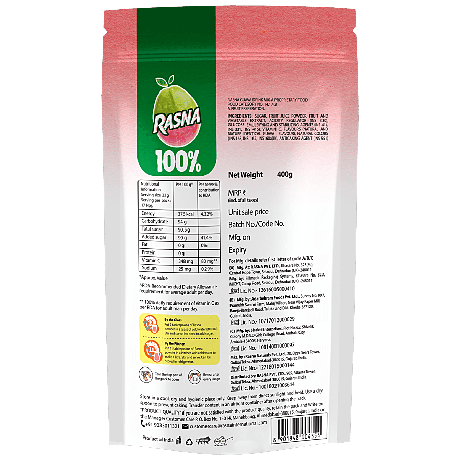 Rasna 100% Guava Pulpy Drink Mix - Preservative Free