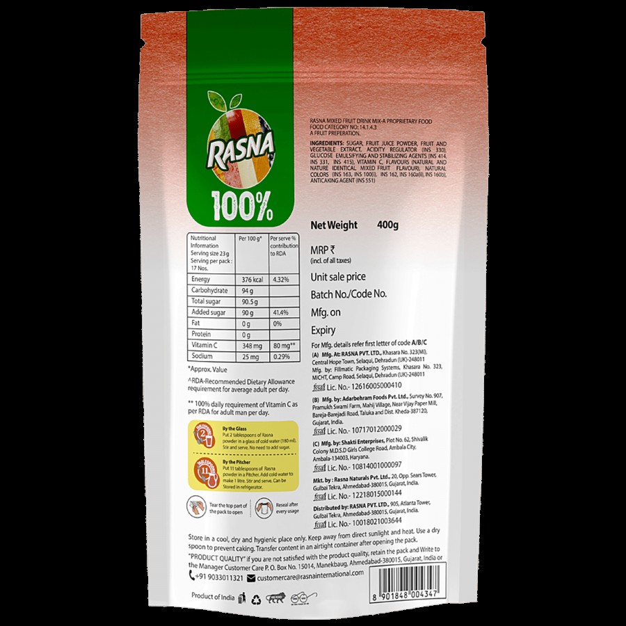 Rasna 100% Mixed Fruit Pulpy Drink Mix - Preservative Free