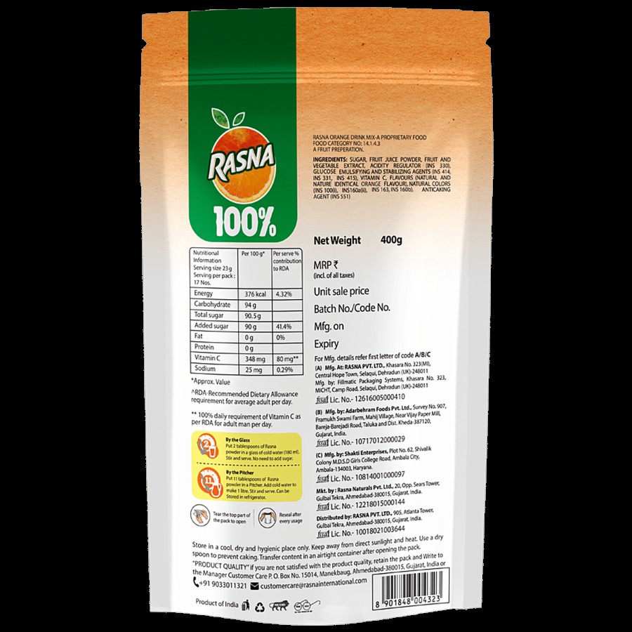 Rasna 100% Orange Pulpy Drink Mix - Preservative Free