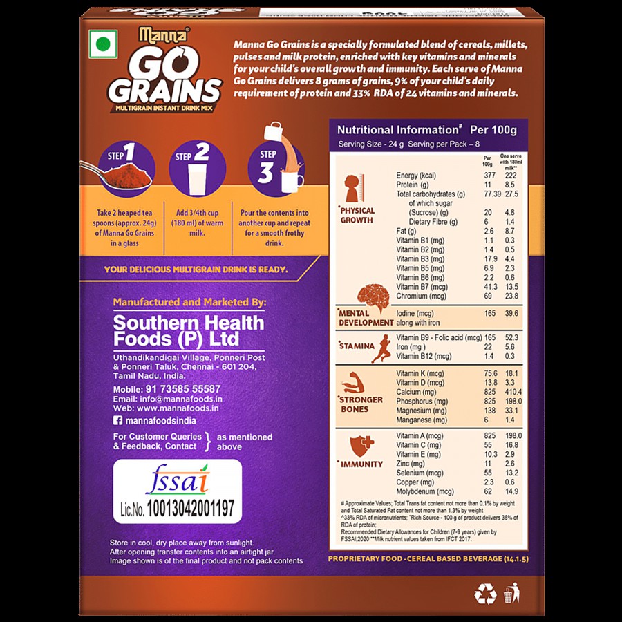 Manna Go Grains Multigrain Instant Drink Mix - For Growth & Immunity