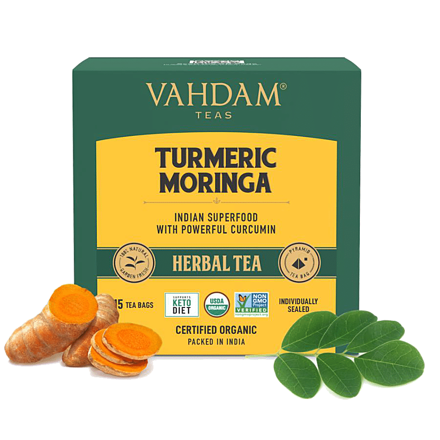 Vahdam  Organic Turmeric Moringa Herbal Tea Bags - Low Caffeine