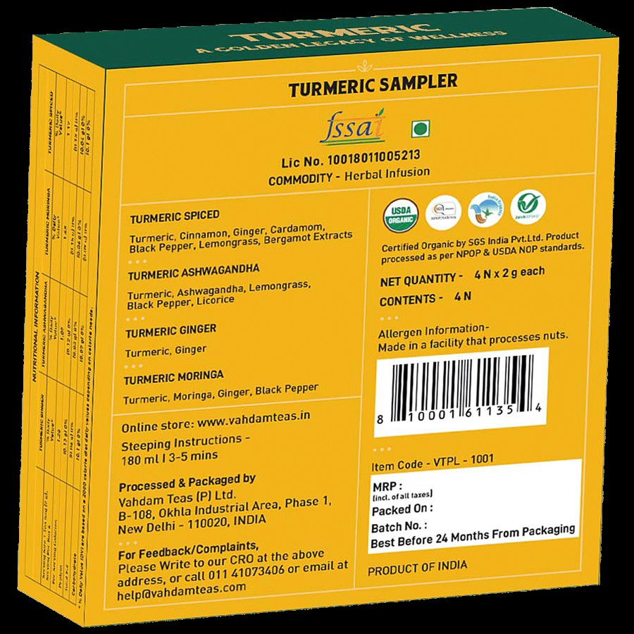 Vahdam Organic Turmeric Sampler Tea Bags - Glowing Skin & Immunity Booster 4 Teas Variety