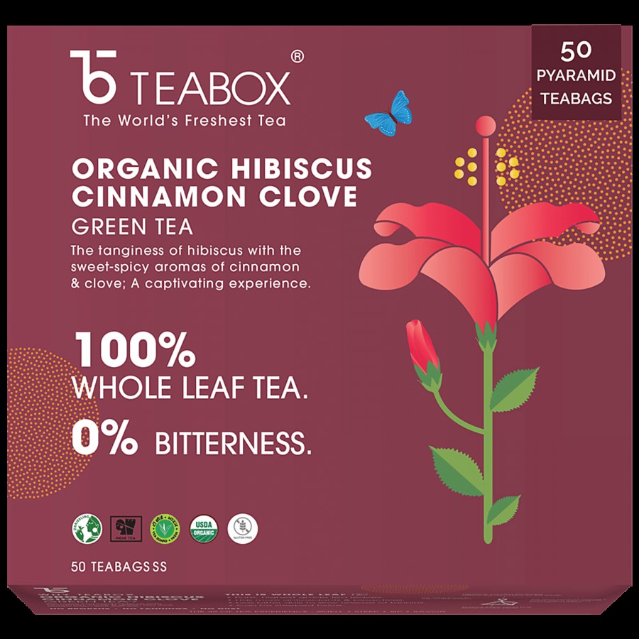 Teabox Hibiscus Cinnamon Clove Green Tea Bags  - Supports Heart Health