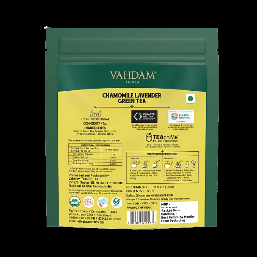 Vahdam Chamomile Green Lavender Green Tea - Provides Relaxation