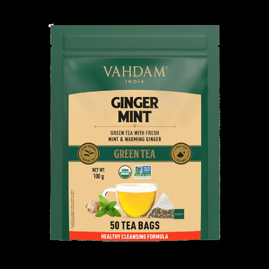 Vahdam Ginger Mint Herbal Green Tea - Cleans The System