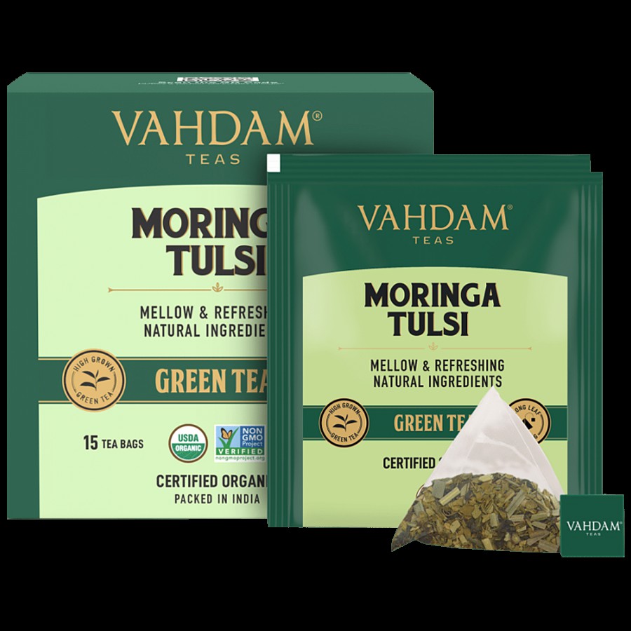 Vahdam Organic Moringa Tulsi Green Tea - Energy Booster Herbal Tea