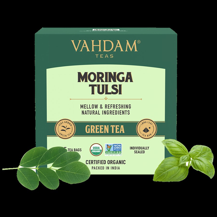 Vahdam Organic Moringa Tulsi Green Tea - Energy Booster Herbal Tea