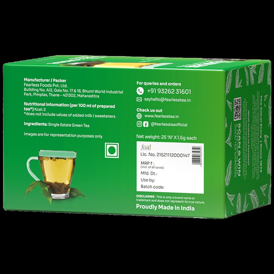 FEARLESS TEA Hattiali Original & Pure Green Tea Bags - Smooth & Non-Bitter