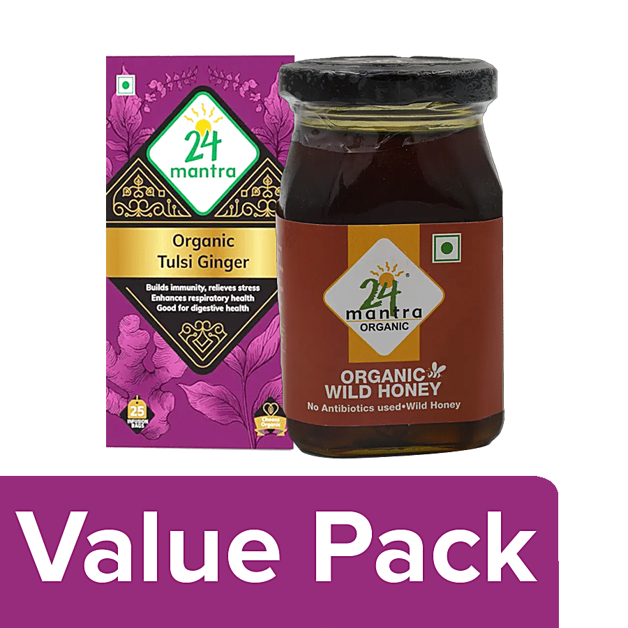 24 Mantra Organic Tulsi Ginger Tea Bags 37.5 g (25 Bags)+ Honey - Himalayan 250 g