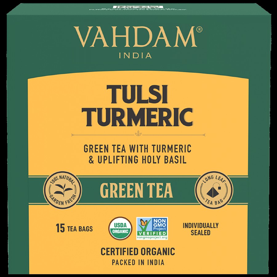 Vahdam Organic Tulsi & Turmeric Green Tea Bags - Immunity Booster