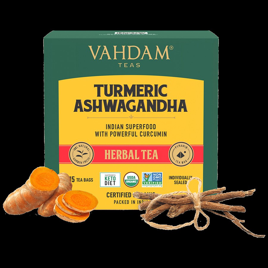 Vahdam Organic Turmeric Ashwagandha Herbal Tea Bags - Immunity Booster