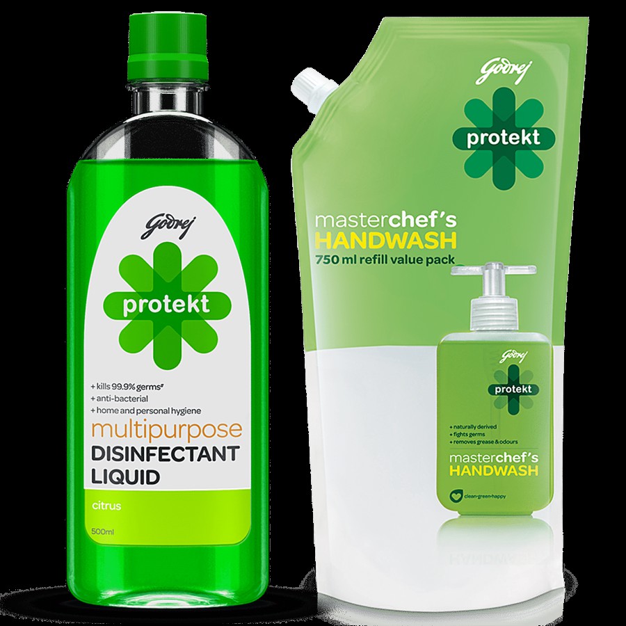 Godrej Protekt Germ Fighter Handwash Neem 750ml + Multipurpose Disinfectant Liquid Citrus 500ml