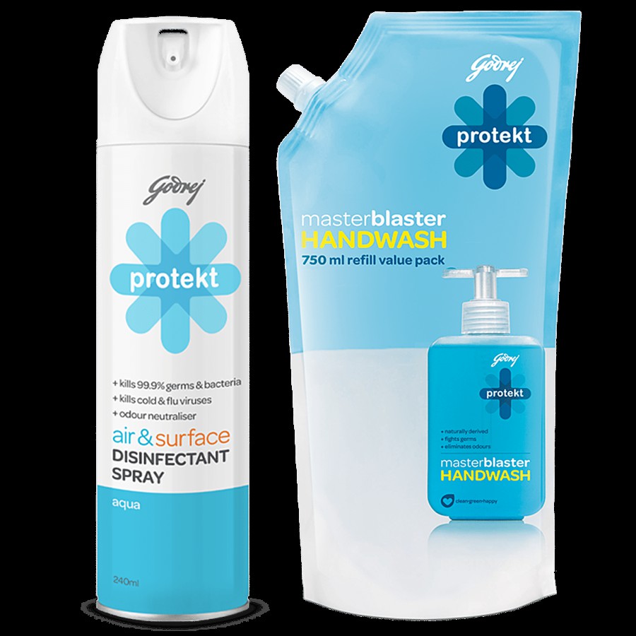 Godrej Protekt Masterblaster Liquid Handwash 725 ml + Disinfectant Spray Aqua Fragrance 240 ml