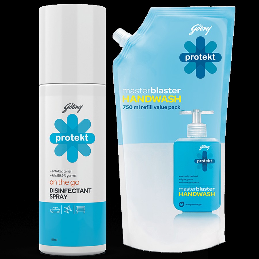 Godrej Protekt Masterblaster Liquid Handwash 725 ml + On The Go Travel Disinfectant Citrus 85ml