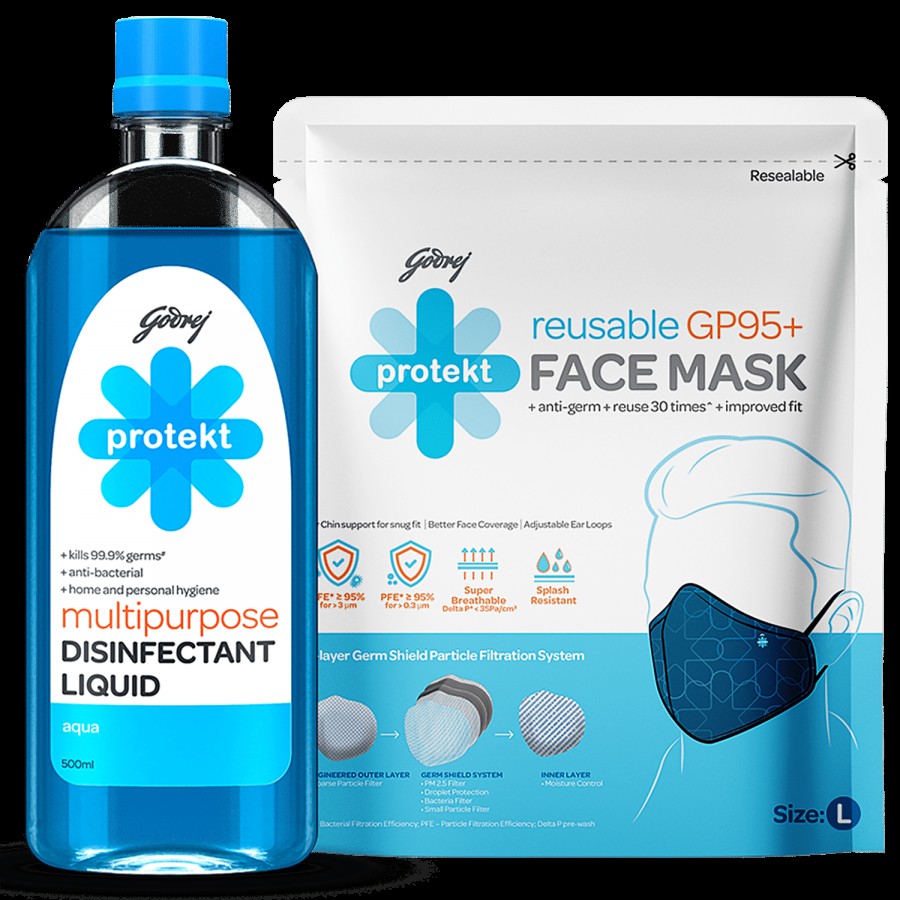 Godrej Protekt Multipurpose Disinfectant Liquid Aqua Fragrance 500ml + Face Mask GP95+ Blue 1pc