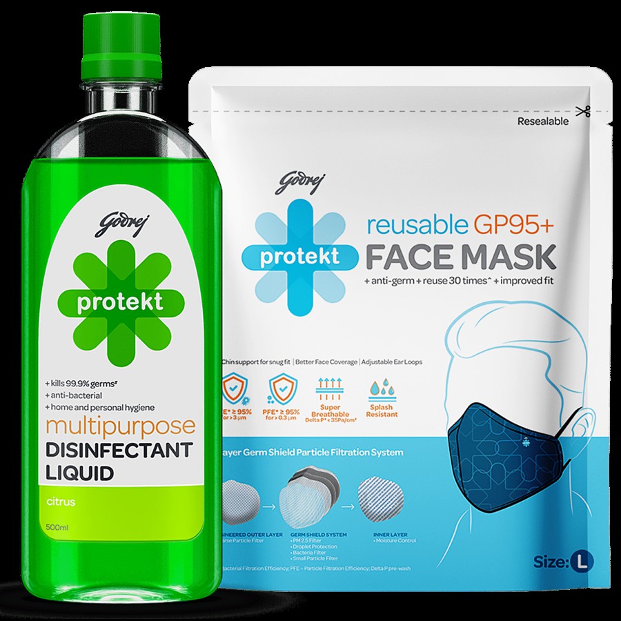 Godrej Protekt Multipurpose Disinfectant Liquid Citrus Fragrance 500ml+Face Mask GP95+ Blue 1pc