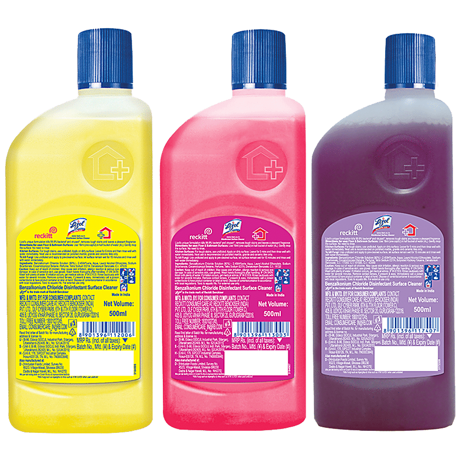 Lizol Disinfectant Surface & Floor Cleaner Liquid Citrus 500 ml + Floral 500 ml + Lavender 500 ml