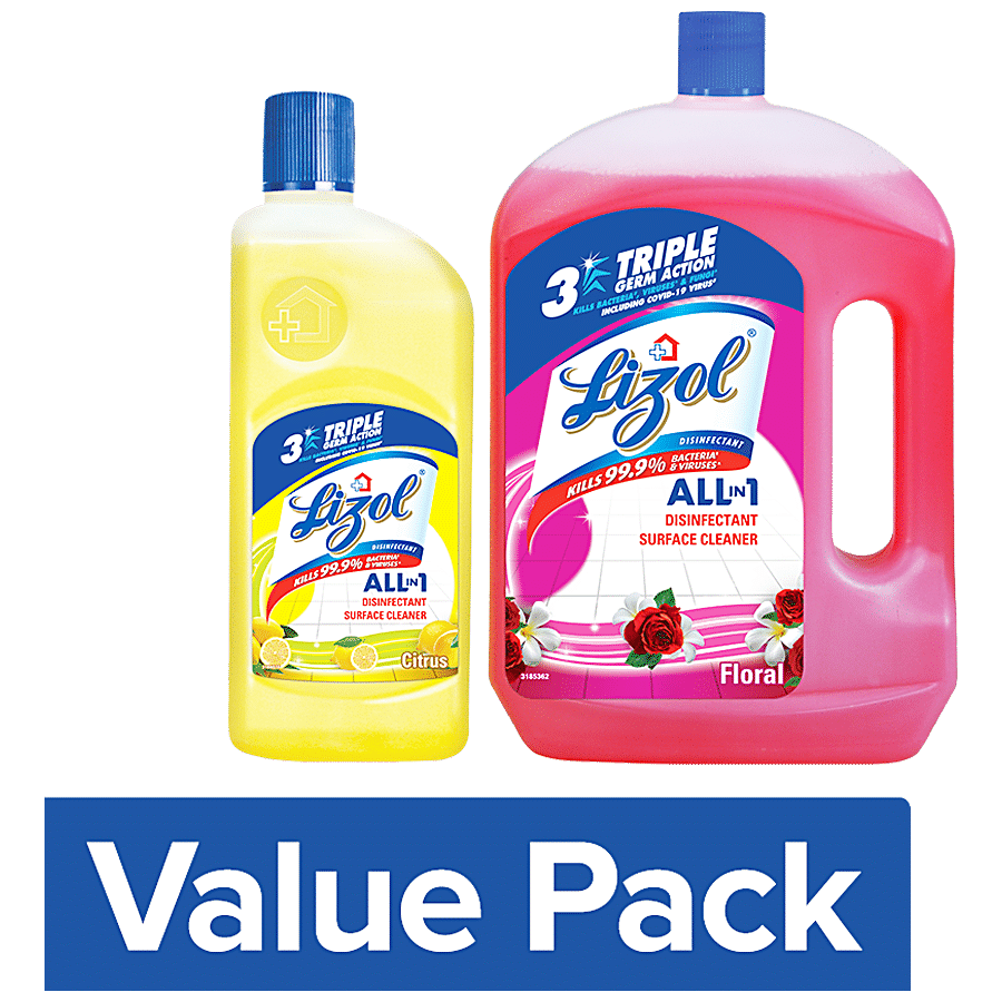 Lizol Disinfectant Surface & Floor Cleaner Liquid Floral 2 L + Citrus 500 ml