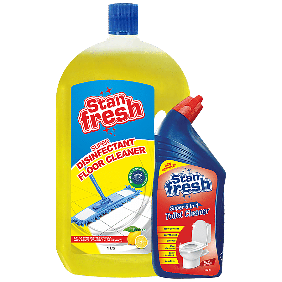 STANFRESH Super Disinfectant Floor Cleaner & Super 6 In 1 Toilet Cleaner - Lemon & Rose World