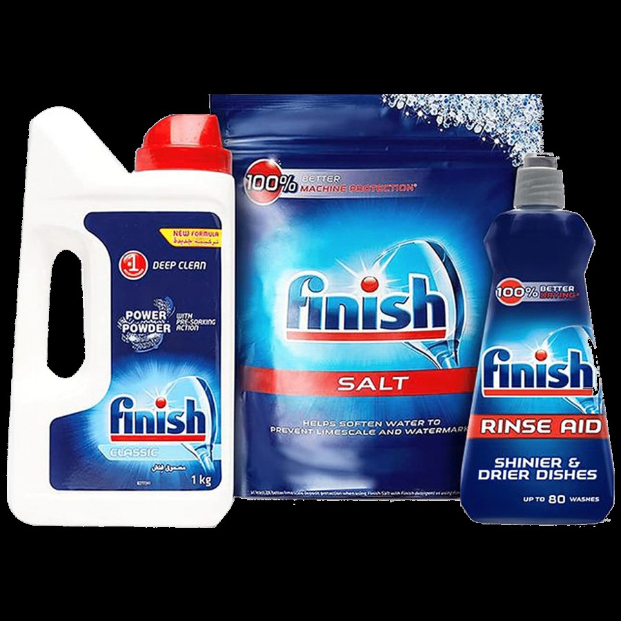 Finish Dishwasher Power Powder Detergent 1 kg + Rinse Aid 400 ml + Salt 2 kg