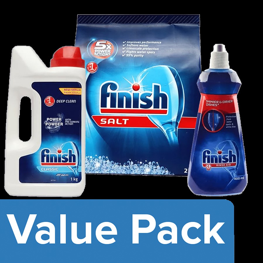 Finish Dishwasher Power Powder Detergent 1 kg + Rinse Aid 400 ml + Salt 2 kg