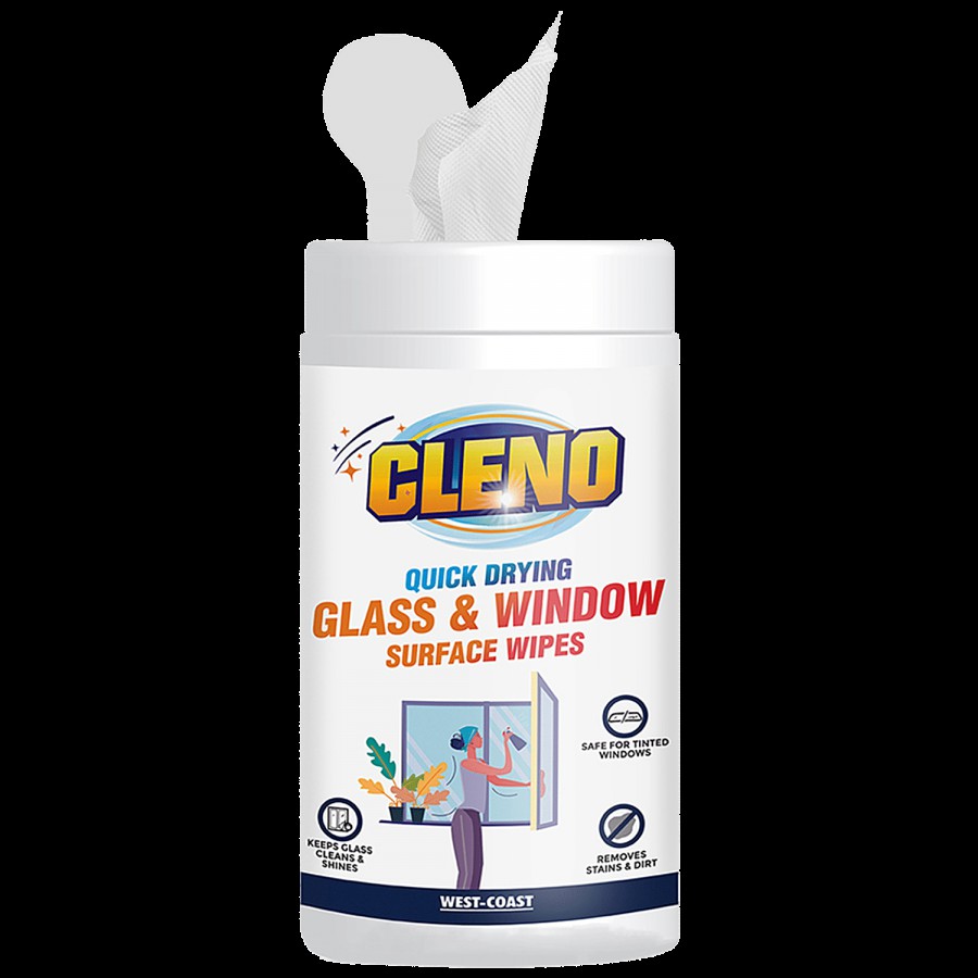 Cleno Quick Drying Glass & Window Surface Wet Wipes - For Home