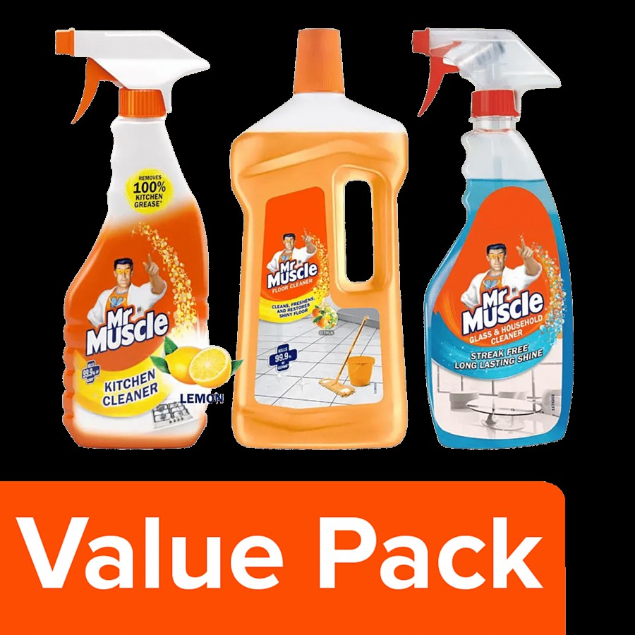 Mr. Muscle Kitchen Cleaner 450ml + Floor Cleaner - Citrus 1L + Glass & Other Cleaner 500ml