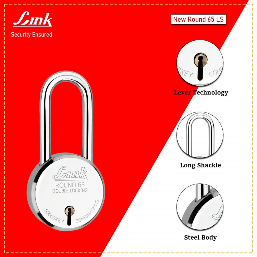 Link Round 65 mm Double Locking Padlock - With 3 Keys