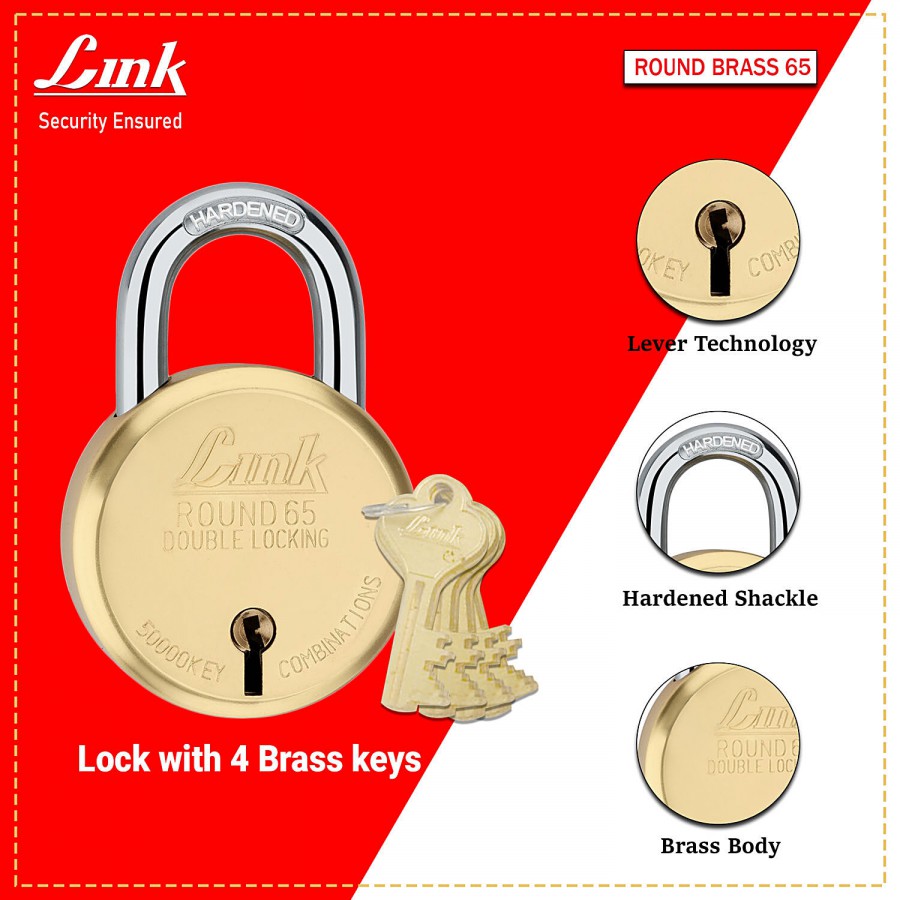 Link Round 65 mm Double Locking Padlock - With 4 Keys