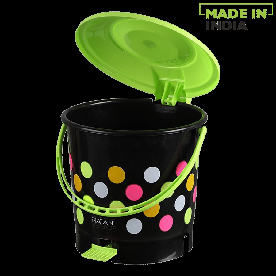 Ratan Plastic Dustbin/Garbage Bin - Green With Polka Dots