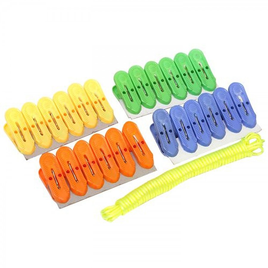 Swastik Premium Plastic Cloth Clips/Cloth clips - Assorted Colour With Rope